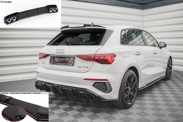 DIFFUSORE NERO OPACO CON TERMINALINI CROMATI MAXTON DESIGN PER AUDI A3 8Y SPORTBACK CON S-LINE
