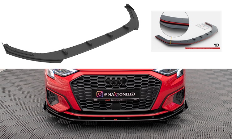 LAMA SOTTOPARAURTI ANTERIORE STREET PRO + FLAPS MAXTON DESIGN PER AUDI A3 8Y SPORTBACK (NO S-LINE) (CON BORDO ROSSO)
