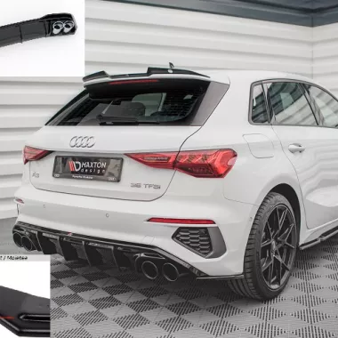 DIFFUSORE NERO OPACO CON TERMINALINI CROMATI MAXTON DESIGN PER AUDI A3 8Y SPORTBACK CON S-LINE